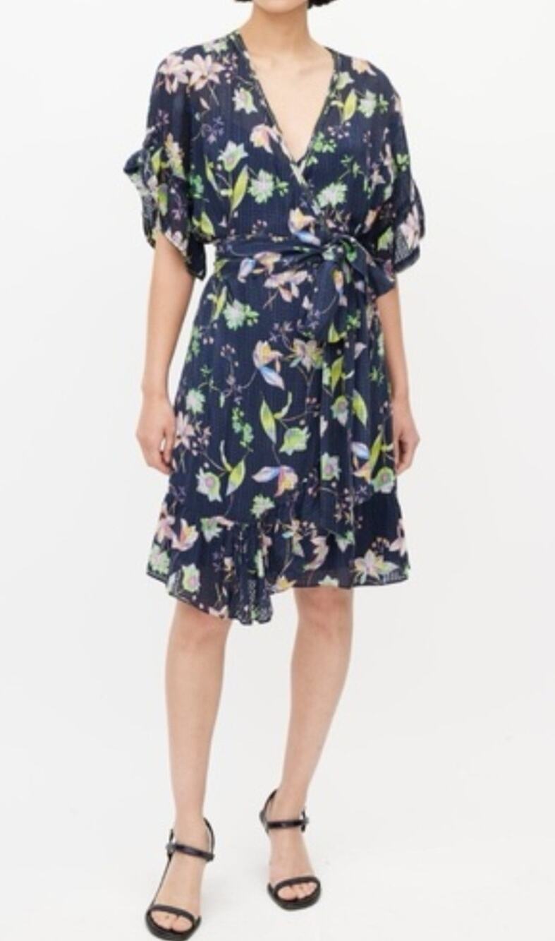Tanya Taylor navy blue floral 100% silk wrap dress Size 10 Cottagecore Romantic